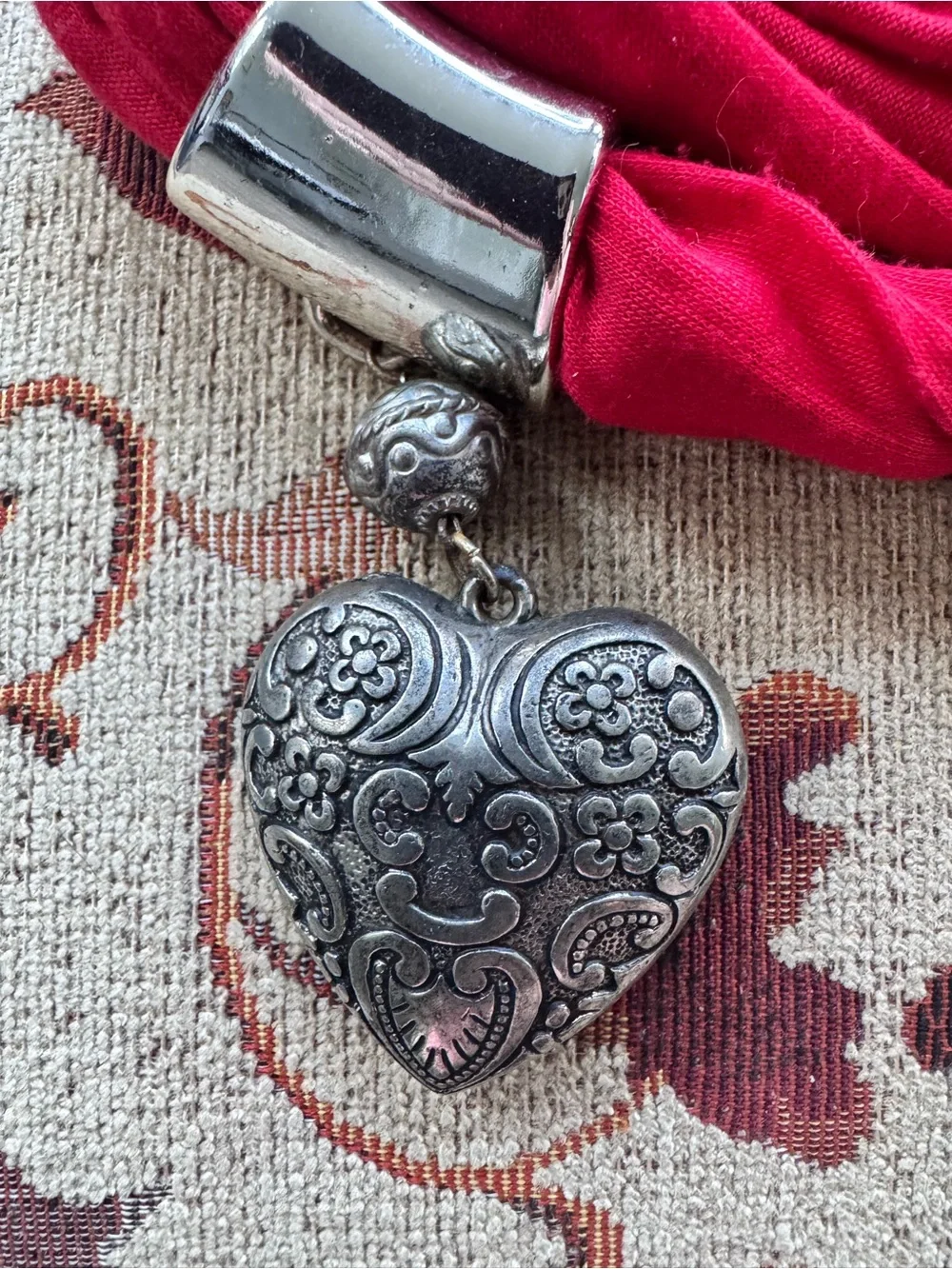 Red Fabric Necklace Scarf with Silver Accents